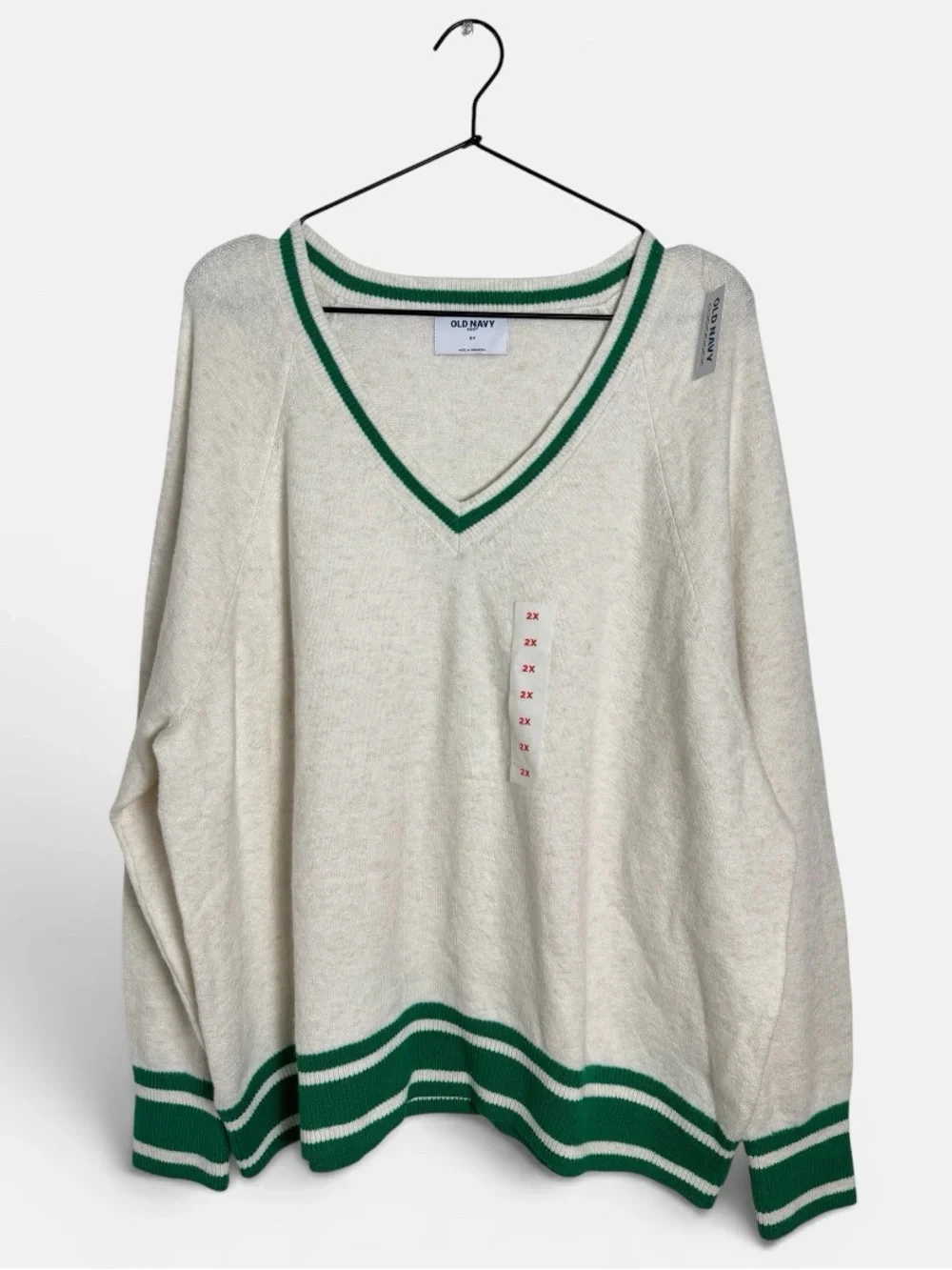 Old Navy SoSoft Loose V-neck Sweater Green and Heather Cream NWT Size 2X
